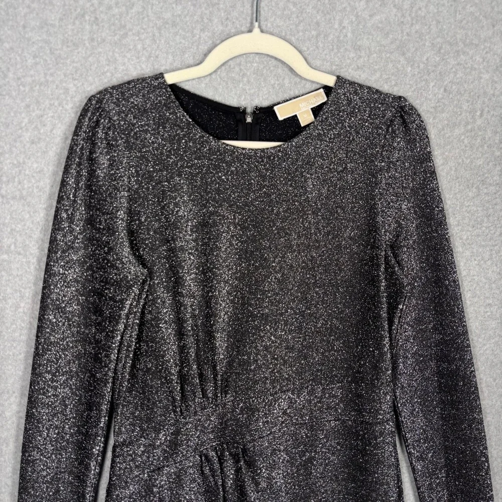 Michael Kors Metallic Wrap Dress Medium Black Silver Glitter Ruched Knit Stretch